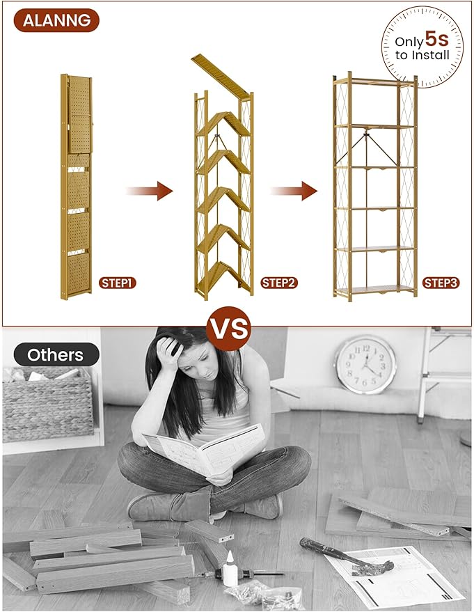 ALANNG 73.6 Inch Folding Bookshelf, 6 Tier Metal Bookcase and Bookshelves, Tall Shelves for Living Room Office Bedroom, Heavy Duty Book Shelve Free Standing Open (Gold, 4PACK)