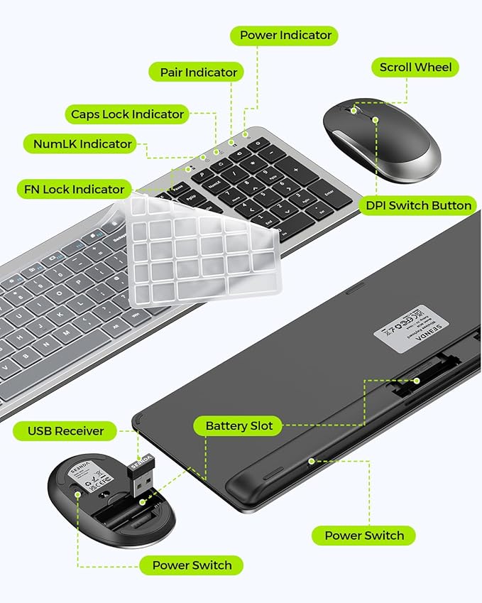 Wireless Keyboard and Mouse Combo - Full Size Slim Thin Wireless Keyboard Mouse with Numeric Keypad 2.4G Stable Connection Adjustable DPI (Grey & Black)