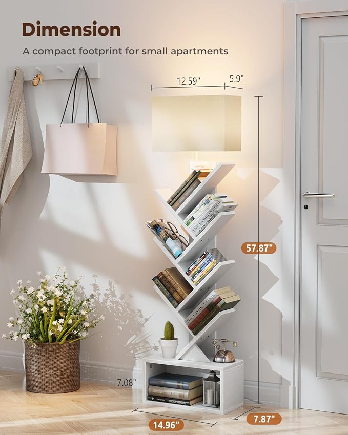 Evermagin 6 Tier Tree Bookshelf with Light, Narrow Bookcase Tower, Tall Floor Standing Book Shelf Organizer with Storage Cabinet for Living Room, Bedroom and Home Office, White