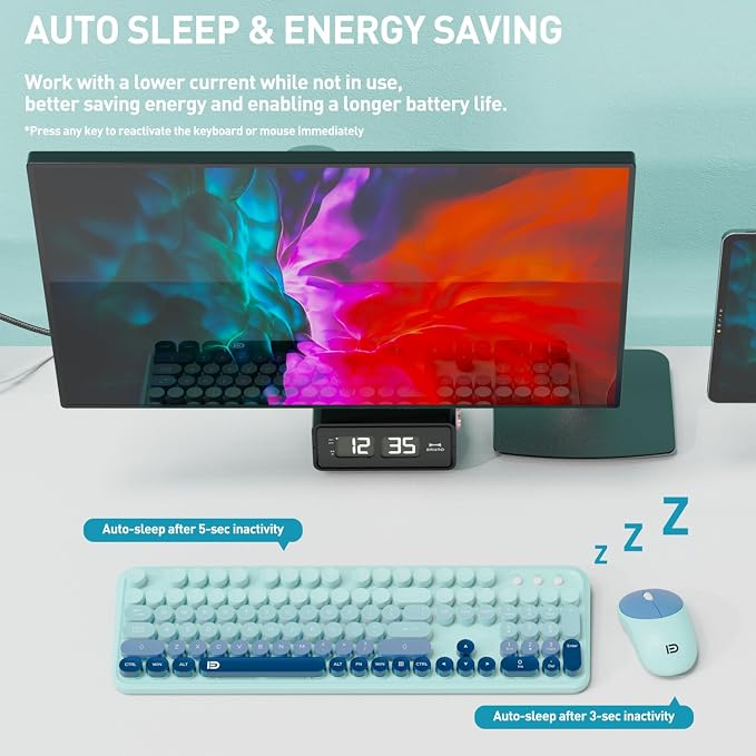 Wireless Keyboards Mouse Combos, Colorful Cute Typewriter Full-Size Retro Round Keycaps, 2.4GHz Cordless Connection Sleep Mode Office Wireless Keyboard and Mouse Set for Desktop Laptop PC Computer