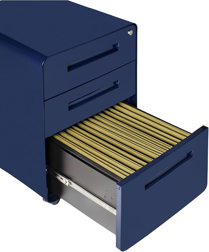 Laura Davidson Furniture Stockpile 3 Drawer File Cabinet with Lock - Under Office Desk Metal Filing Cabinet, Legal/Letter File Folders, Wheels and Stationary Feet, Pre-Assembled, Navy Blue