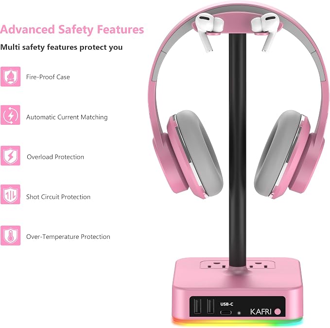 KAFRI RGB Headphone Stand with USB Charger Desk Gaming Headset Holder Hanger Rack with 3 USB Charging Port and 2 Outlet - Suitable for Gamer Desktop Table Game Earphone Accessories Girlfriend Gift