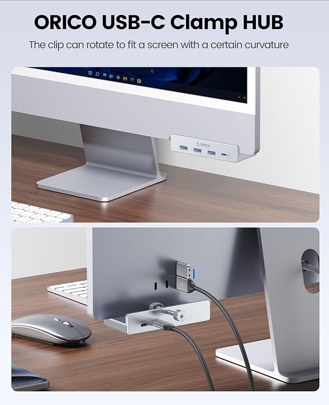 ORICO USB Hub 3.0, Clamp USB Hub with Extra Power Port, 3 USB-A Data Ports, USB-C Port for Monitors, Desks(Silver)