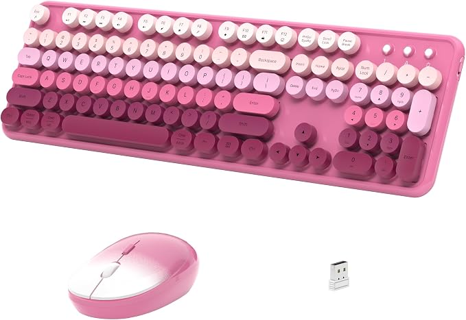 Links9+ Wireless Keyboard and Mouse, Full-Size Retro Typewriter Keyboard with Round Keycaps, 2.4GHz for Windows, Mac, Laptop, PC, Desktop (Dark Pink Gradient)