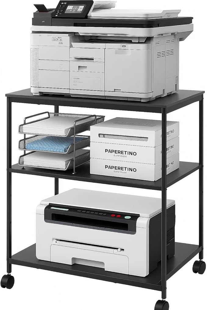 Heavy Duty 3-Tier Printer Stand with Locking Wheels, 23.6"x18.9" *31.5" Large Printer Table Shelf, Holds 100 lbs per Shelf - Fits Most 60" Desks, Perfect for Office, Home, Laser Printer or Mini Fridge