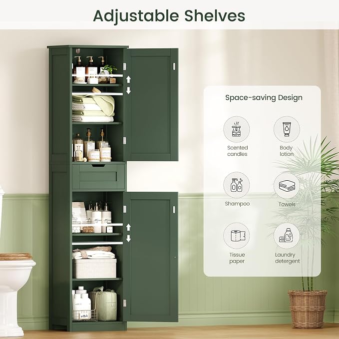 Iwell Tall Bathroom Storage Cabinet with 2 Doors & 1 Drawer, Narrow Storage Cabinet with Adjustable Shelves, for Living Room, Bathroom, Kitchen, Forest Green