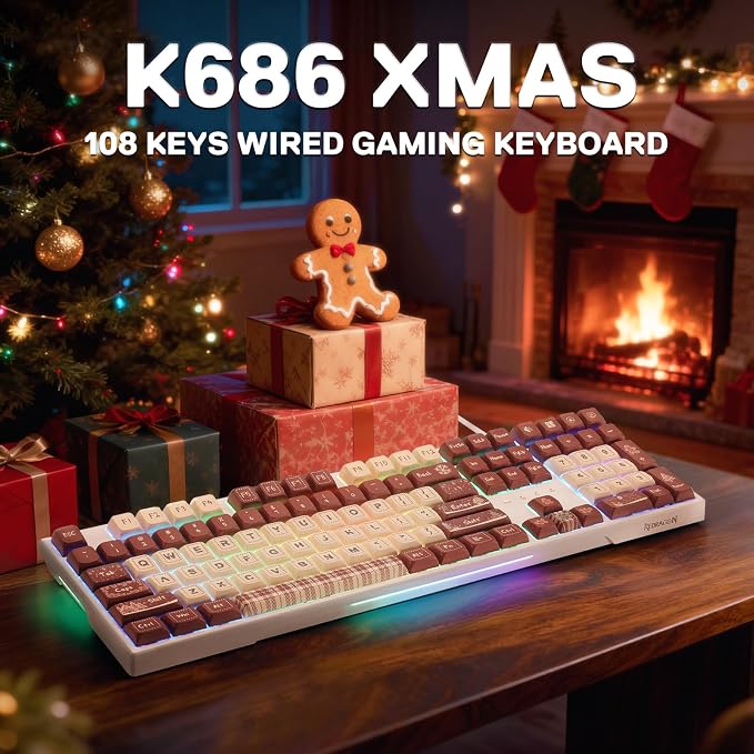 Redragon K668 Xmas Wired Gasket RGB Gaming Keyboard, 108 Keys Mechanical Keyboard w/Extra 4 Hotkeys, Upgraded Hot-swappable Socket, Sound Absorbing Foam, Christmas Gingerbread Man Themed Cute Keycaps