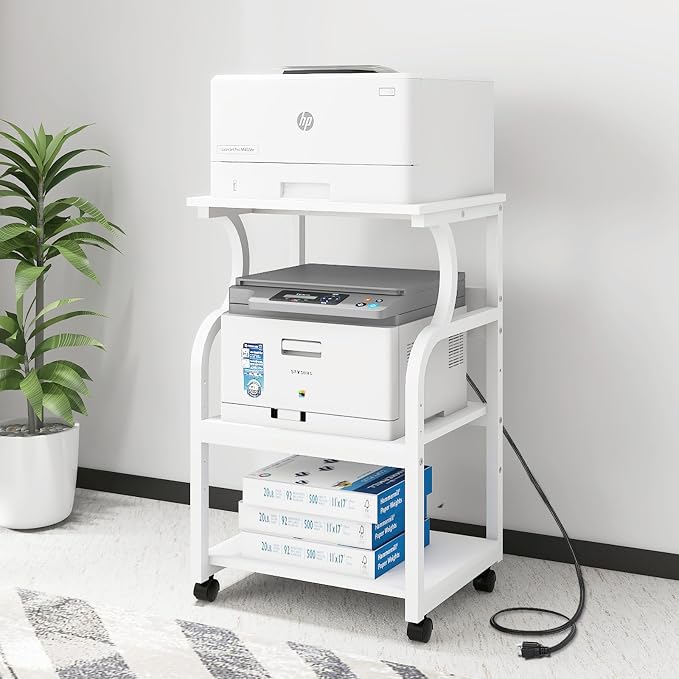 Natwind 3 Tier Printer Stand,Rolling Printer Table with Adjustable Storage Shelf for Home Office Organization,Multifunctional Shelves for Heat Press,3D Printer (White)