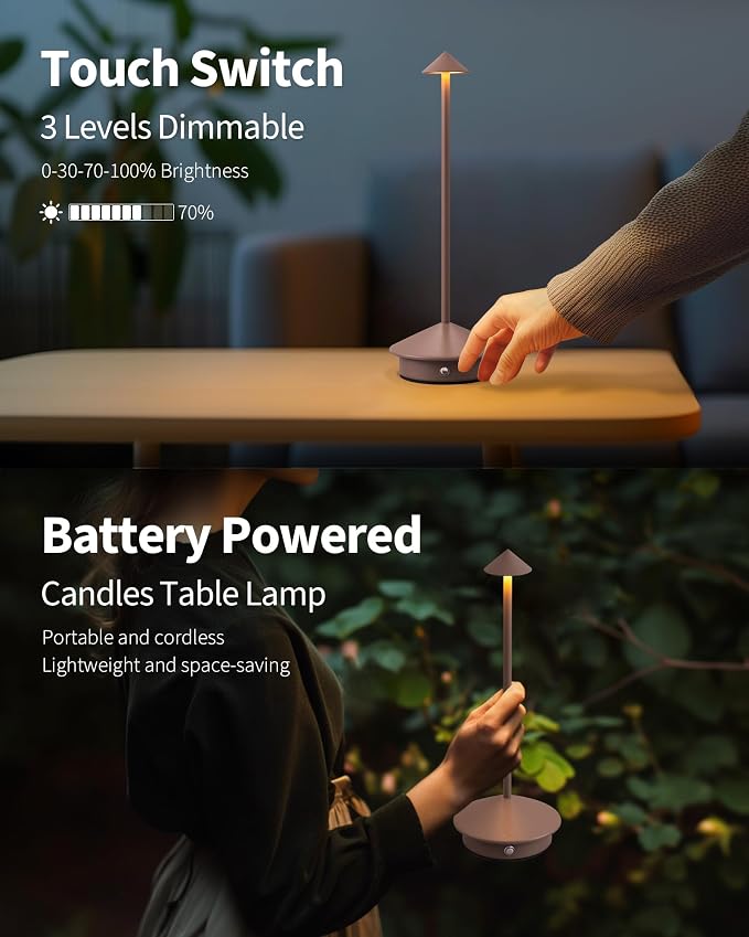 Modern Cordless Table Lamp Set of 2, Portable LED Desk Lamps, 5000mAh Rechargeable Battery Operated Lighting for Bedroom Dining Room Restaurant Coffee Shop Camping Night Light (Brown)