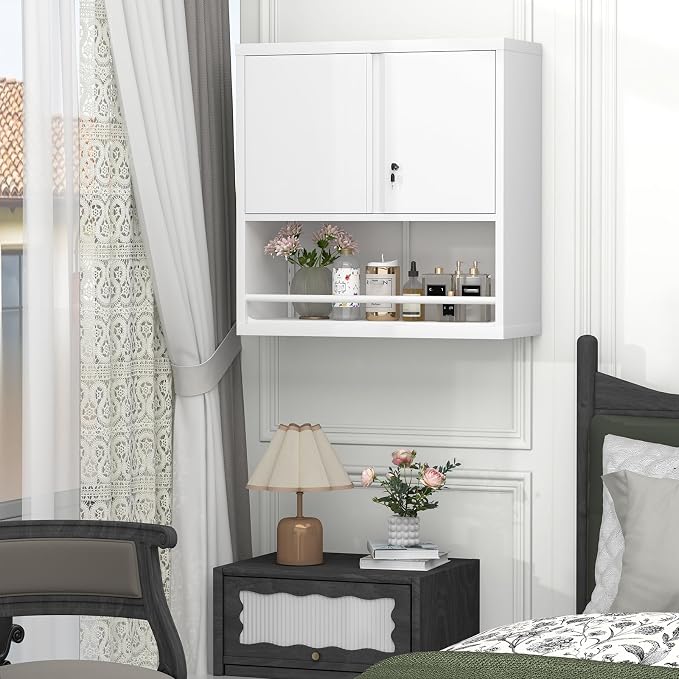 GREATMEET 31" H Locking Metal Garage Storage Cabinet with Doors and Shelves, Lockable Wall Cabinet Storage, White Steel Wall Mount Cabinet Hanging Floating for Office Utility Room