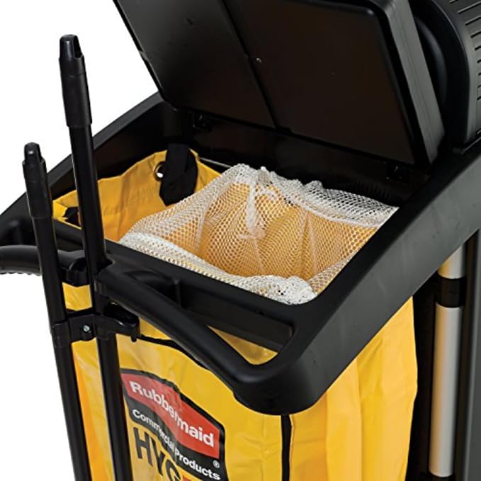 Rubbermaid Commercial High Security Housekeeping Janitorial Cart with Wheels, Yellow Vinyl Bag, Locking Hood and Cabinets for Commercial Facility/Hotel/Stadium/School/Office