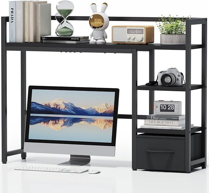 Marbrasse Desk Shelf with Drawer, 40" Desk Hutch for Computer Monitor, Desk Shelf for top of Desk, Wooden Desktop Bookshelf Storage Rack for Home Office Dorm - Black