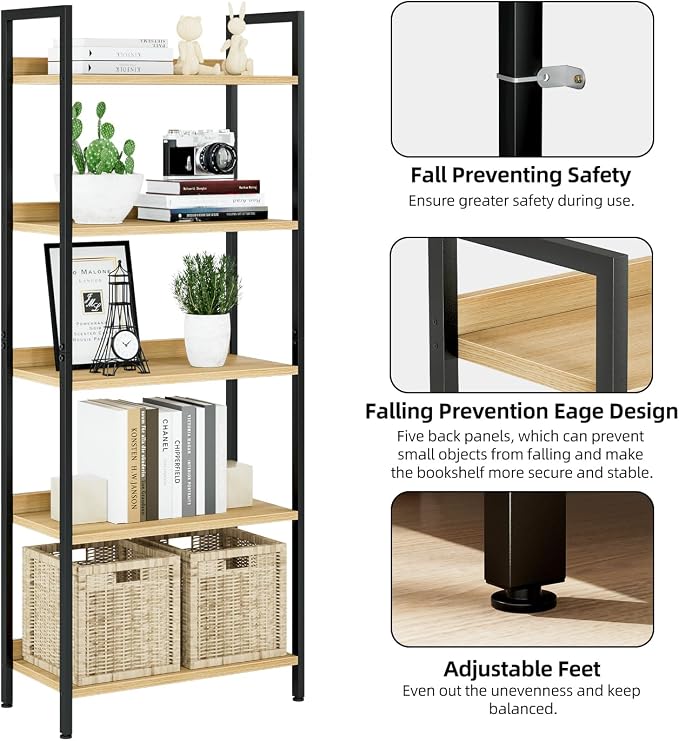 NUMENN Bookshelf, 5 Tier Bookshelves, Home Office Bookcase Shelf Storage Organizer, Free Standing Storage Shelving Unit for Bedroom, Living Room and Home Office, Natural