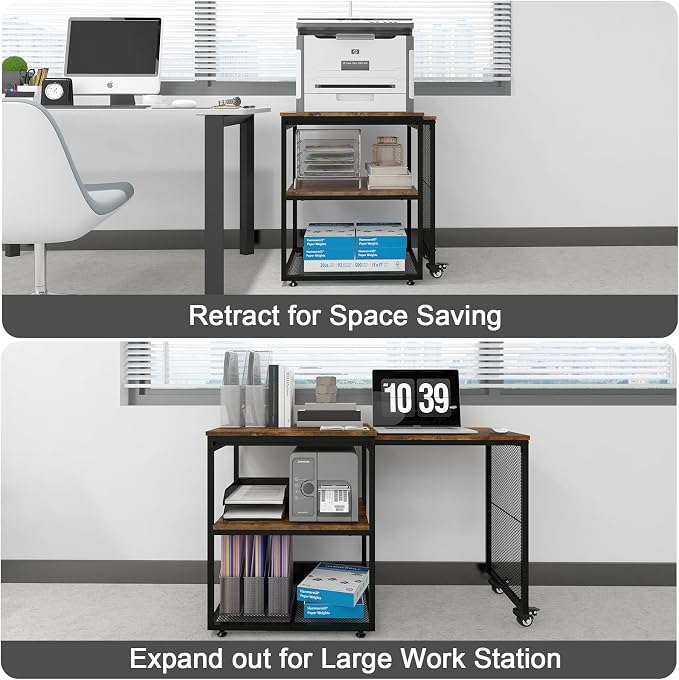 Natwind 24''x20''x29'' Large Printer Stand with Storage Shelves,Extendable Home Craft Table,Home Office Organization Desk, Versatile Table for Home Office, Kitchen, Study Room, Living Room (Retro)