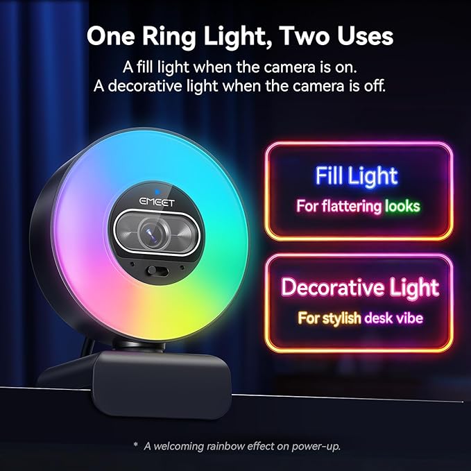 EMEET S600L 4K Webcam for Streaming with Ring Light, 4 Lighting Modes, Rainbow Effect, 1/2" Sensor, AI Imaging, 0.2S PDAF, 2 Mics, Dial Control, 4K Webcam with Light for OBS/Twitch/YouTube/Zoom/PC/Mac