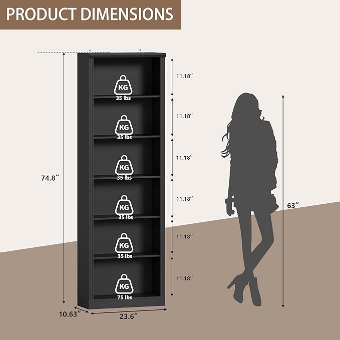 Thacuok Black Bookshelf, 75" Tall Bookcase, 6 Tier Adjustable Storage Shelves, Book Shelf with Anti-Tipping Device, Floor Standing Modern Display Rack for Living Room, Bedroom, Office