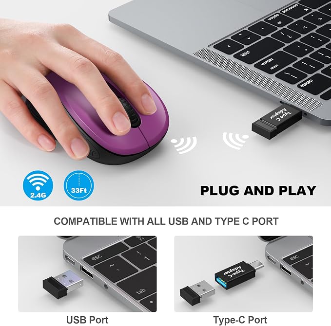WisFox 2.4G Wireless Mouse for Laptop, Ergonomic Computer Mouse with USB Receiver and Type-C Adapter, 3 Adjustable Levels, 6 Button Cordless Wireless Mice for Windows Mac PC Notebook (Purple)