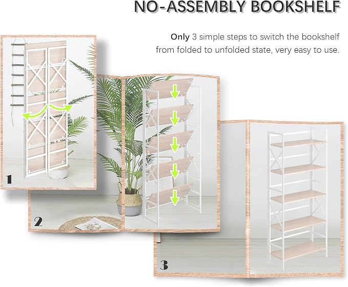 4NM 5 Tiers No Assembly Book Shelves, 51.2" H Folding Bookshelf Bookcase Open Industrial Foldable Shelves for Bedroom, Living Room, Home Office - Natural White