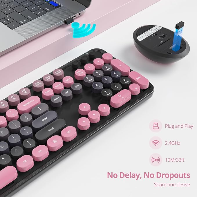 Guffercty kred Black and Pink Keyboard and Mouse Wireless, Retro Typewriter Cute Colorful Wireless Keyboard Full-Size 2.4GHz with Round Keycaps for Desktop Laptop and PC (Pink Plum)