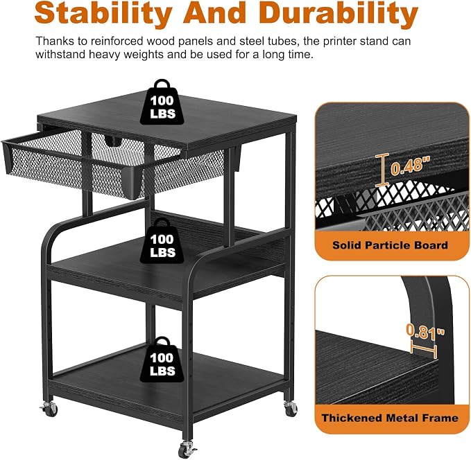 EasyCom Large Printer Stand with Storage Drawer, 5 Adjustable Shelf & 3-Tier Rolling Cart with Industrial Wheels for Desk, Mobile Printer Table for Home Office Fits 3D Printer Scanner Fax Black