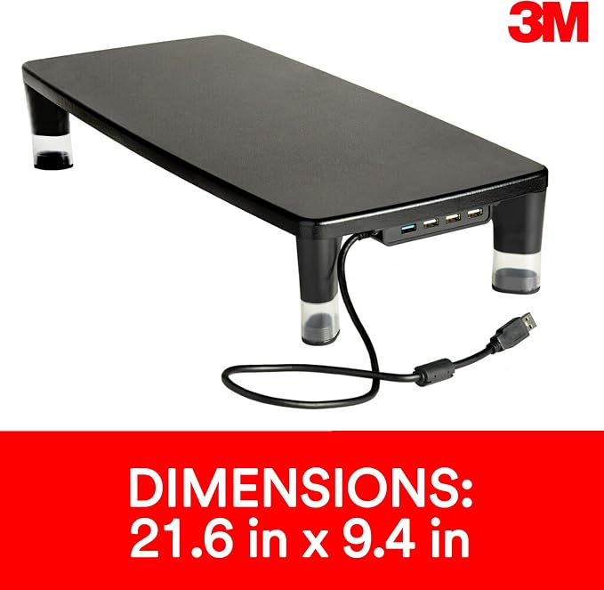 3M Adjustable Monitor Stand with 4-Port USB Hub, Black, Great for Computer Monitors, Laptops, TVs, Speakers, Printers and More