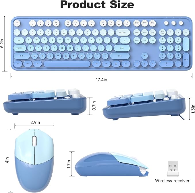 MOFII Wireless Keyboard Mouse Combo, Typewriter Full Size Keyboard with Number Pad and 2 in 1 USB Connected Mouse for PC Computer Laptop Desktop Windows (Blue Colorful)