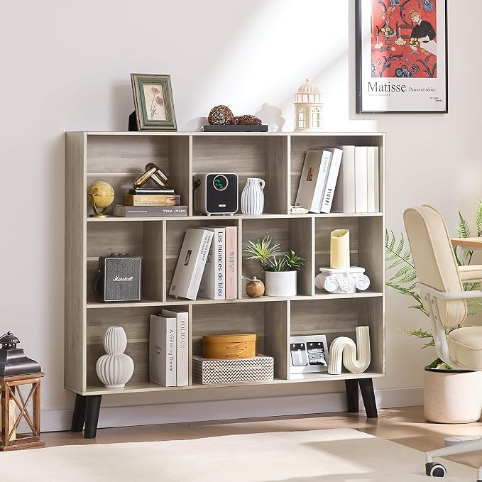 LEYAOYAO 10 Cube Bookshelf,3 Tier Modern Wide Bookcase with Legs,Mid-Century Wood Bookshelves Storage,Retro Grey Large Book Case,Freestanding Organizer Display Shelf for Bedroom,Living Room,Office