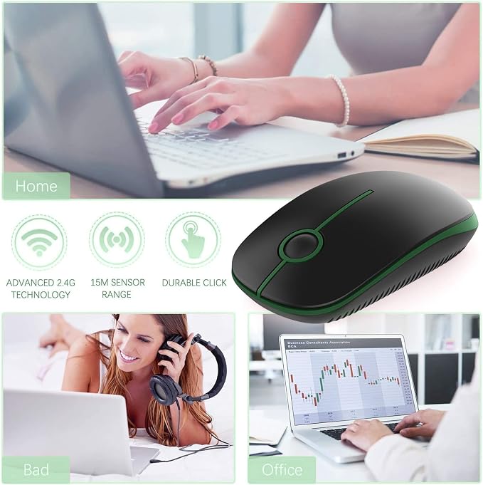 VssoPlor Wireless Mouse, 2.4G Slim Portable Computer Laptop Mouse with Nano Receiver Quiet Silent Optical Mice for Notebook, PC, Laptop, Computer-Black and Green