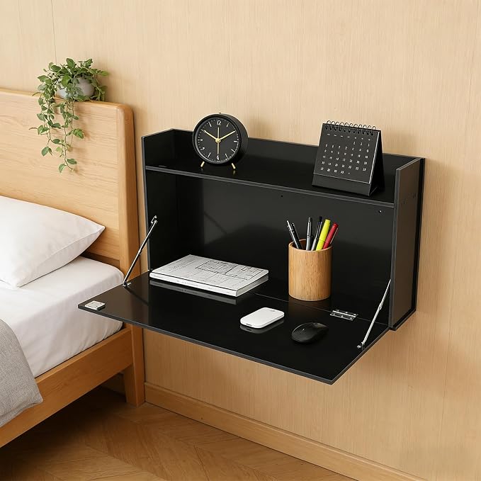 Wall Mounted Desk Multifunctional Fold Down Laptop Computer Table Writing Workstation with Storage Compartments Space Saving for Home Office (Black)