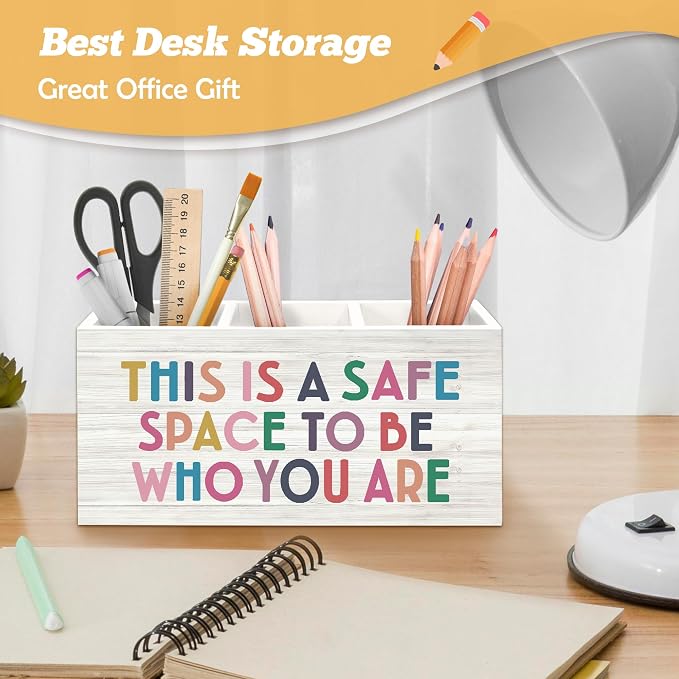 Mental Health Classroom Pen Holder Organizer for Desk Accessories, This Is a Safe Space to Be Who You Are Inspirational Wooden Box Desk Decorations for Therapy Counselor Office Classroom Decor