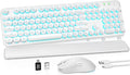 Wireless Keyboard and Mouse Combo, Backlit Round Keycaps, Retro Typewriter Keyboard with Detachable Wrist Rest, Rechargeable & Tilt Legs, 2.4GHz Cordless Connection for Windows/PC (Glowing White)
