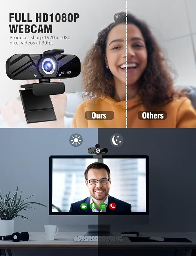 HD 1080P Webcam with Built-in Microphone and Rotatable Tripod, 1080P Video and Wide Angle Camera, Privacy Cover, for Desktop PC or Laptop Computer （Black）