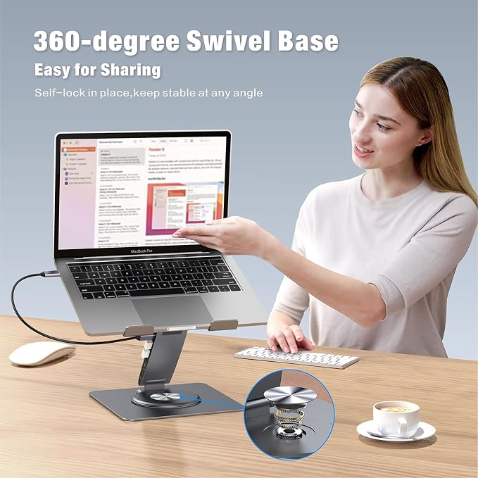 Adjustable Laptop Stand for Desk with Docking Station 9-in-1, Aluminum Laptop Riser with USB Hub, 360° Swivel, Dual Display 4K60Hz HDMI, 3 USB3.0, 100W PD Charging, for MacBook Pro Air/Dell/HP 7-15.6"