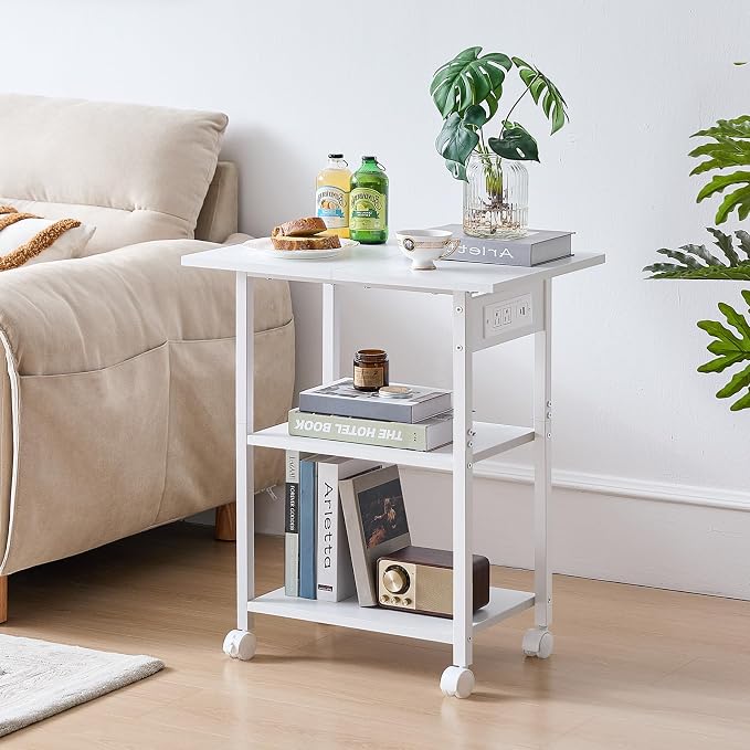 Lerliuo 3-Tier Printer Stand with Charging Station, Industrial Mobile Printer Table with Storage Shelf and Steel Frame, Rolling Printer Cart Holder with Lockable Wheels for Home, Office (White)