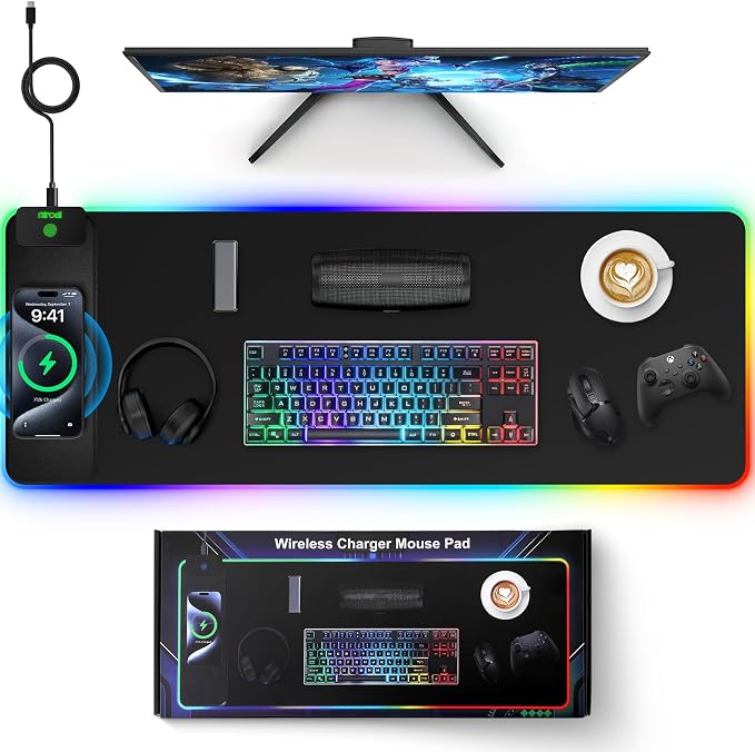 Magnetic Charging Mouse Pad, 31.5x11.81 Inch XL Gaming Mousepad, 11+5 RGB Lighting Modes, Home Office Large Desk Pad with Ultra-Smooth Surface, Non-Slip, Waterproof Keyboard Pad Classic Black Desk Mat
