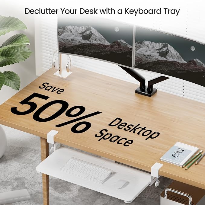 NearHub Large Keyboard Tray Under Desk Slide Out with Extra Sturdy C Clamp Mount System,26'' (30'' including Clamps) x11 Slide-Out Keyboard Drawer Under Desk for Typing,Keyboard Mouse Tray,White
