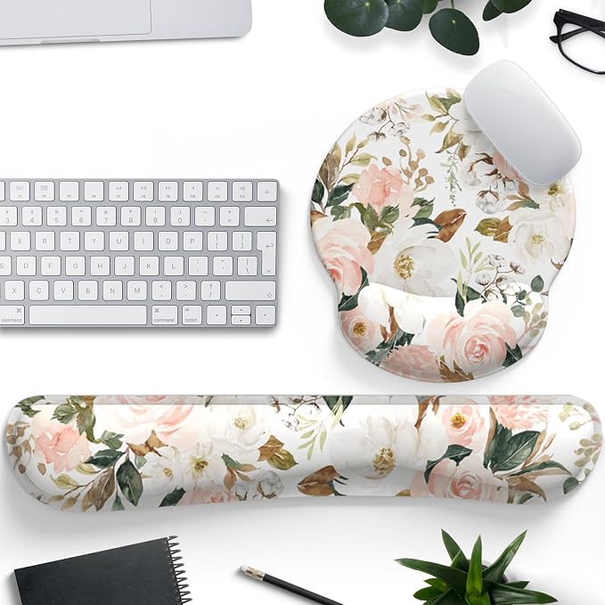 Pink Flower Desktop Mat Aesthetic Wrist Support Keyboard Mouse Wrist Rest Set, Computer Office Comfortable Wrist Rest for Mouse Easy Typing & Pain Relief, Ergonomic Computer Mouse Pad with Pu Base.