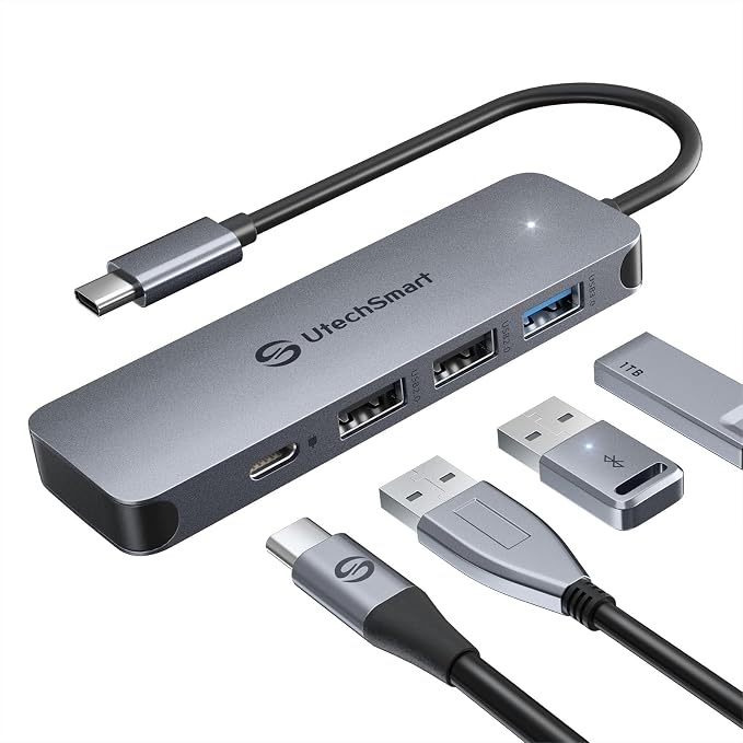 UtechSmart USB Hub, 4-Port USB 3.0 Hub, Ultra-Slim USB Adapter for Laptop, 5Gbps Fast Data Transfer, USB 3.0 Splitter for Dell, HP, MacBook (Grey)