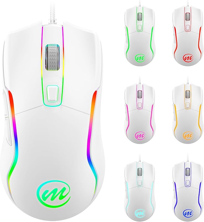 memzuoix Wired Gaming Mouse with RGB - 6 Adjustable DPI up to 12800, 6 Buttons, 12 Lighting Modes, Ergonomic Design with Anti-Slip Rubber Wheel, 5.6ft Braided Cable for PC/Mac/Windows - White
