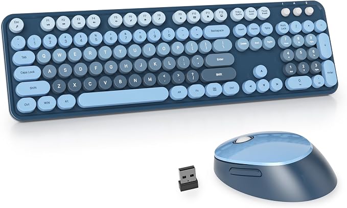 Guffercty kred Colorful Blue Wireless Keyboard and Mouse Combo, Retro Typewriter Wireless Full-Size Cute Office Keyboard 2.4GHz with Round Keycaps for Desktop Laptop and PC (Ocean Blue)