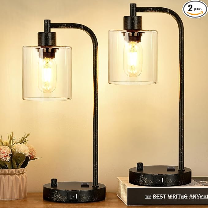 Set of 2 Industrial Table Lamps with USB Port, Rustic Black Fully Stepless Dimmable Bedside Lamps for bedrooms, Nightstand Desk Lamps with Clear Glass Shade for Reading Living Room Office 2 LED Bulb