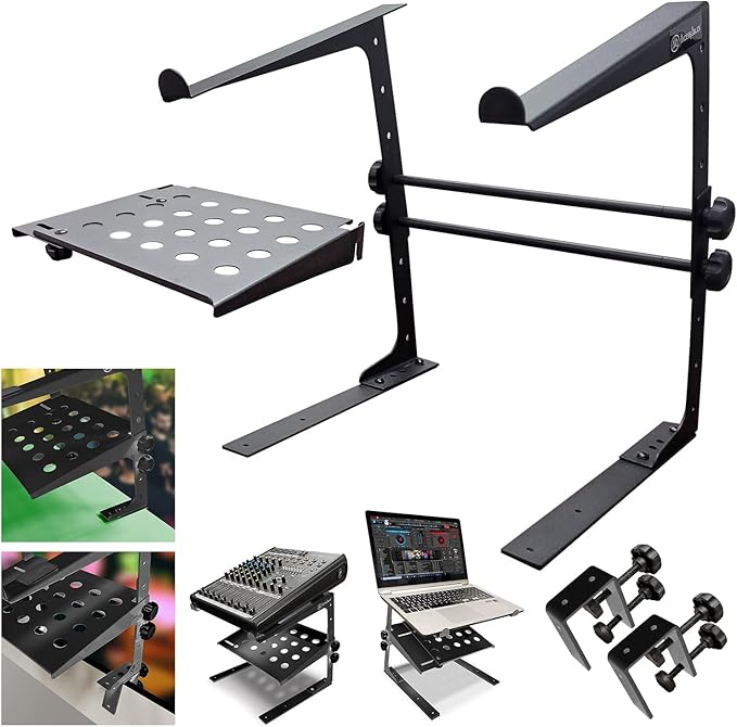 AxcessAbles Two-Tier Adjustable DJ Stand with Clamps | for DJ Controllers, Music Mixers, Laptops up to 20lbs.| DJ Controller Stand Compatible with DDJ-REV1, DDJ-FLX4 (LTS-03 Black)