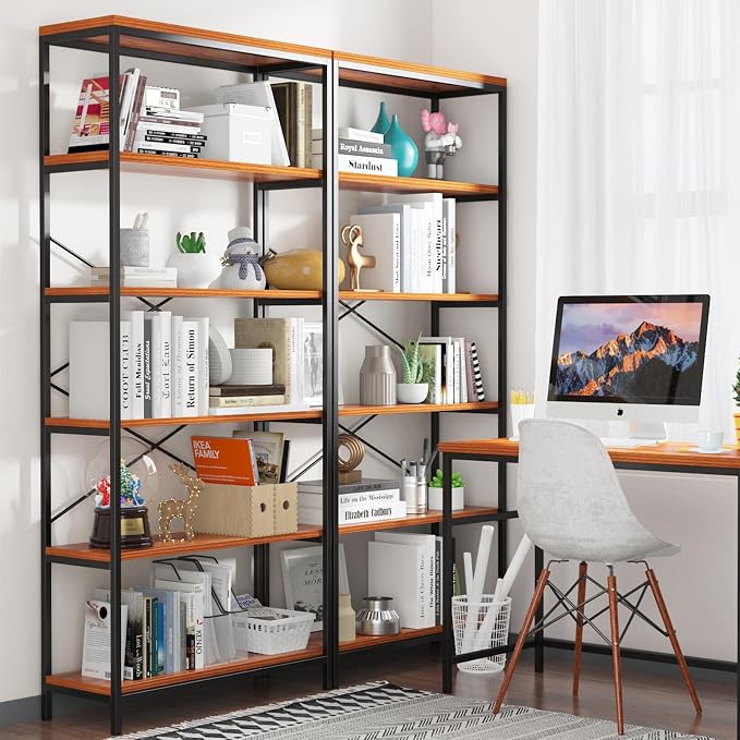 Himimi 6 Tier Industrial Bookshelf, Vintage Standing Storage Shelf, Display Shelving Units, Tall Bookcase, Industrial Metal Book Shelves for Living Room Bedroom and Home Office