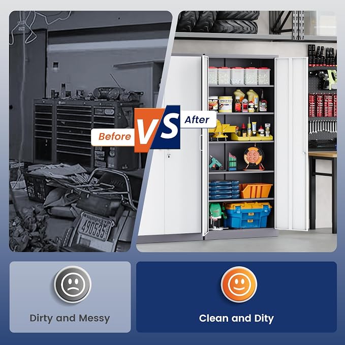 Yizosh Metal Storage Cabinet with 2 Locking Doors and 5 Adjustable Shelves, 72" Garage Storage Cabinet Steel Lockable for Office,Home,Garage