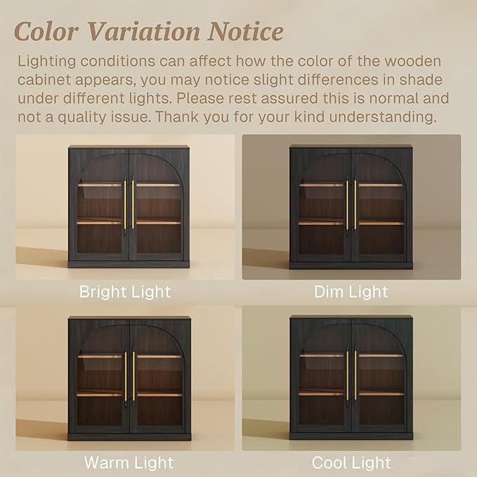 BELLEZE 32.5" Kitchen Storage Cabinet with Adjustable Shelves,Freestanding Accent Cabinet with Fluted Arched Design & Gold Handles,Modern Credenza for Living Room,Dining Room,Entryway - Ebony