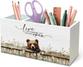 DILSJ Bear Inspirational Pen Pencil Holder Organizer for Desk, Bear Gifts for Women Men, Live Like Someone Left the Gate Open Wooden Box Signs for Home Office Desk Tabletop Decoration