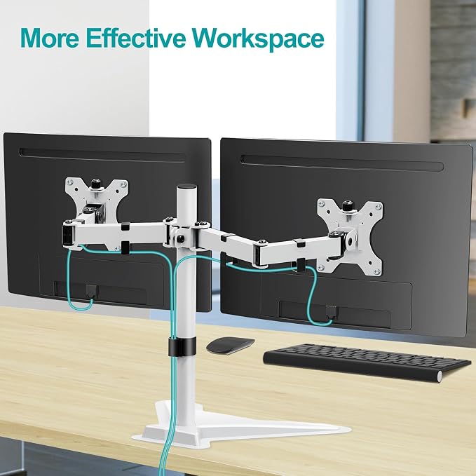 MOUNT PRO Dual Monitor Stand, Free-Standing Full Motion Monitor Desk Mount Fits 2 Screens up to 27 inches,17.6lbs with Height Adjustable, Swivel, Tilt, Rotation, VESA 75x75 100x100,White