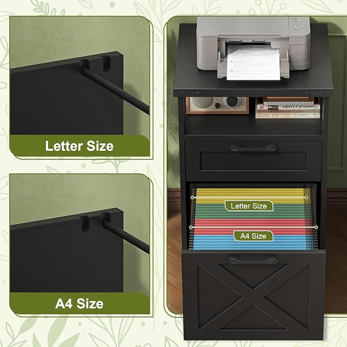 Farmhouse Filing Cabinet with Open Storage Space & Wheels, Office Filing Vertical Cabinet with 2 Drawers, Printer Stand for Hanging Files Letter/A4, Under Desk Storage Cabinets for Home Office.Grey