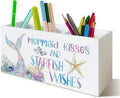 Pastel Mermaid Beach Pen Pencil Holder Organizer for Desk, Mermaid Gifts for Girls Women, Coastal Ocean Starfish Coral Wooden Box Block Sign for Home Classroom Dorm Office Tabletop Decor
