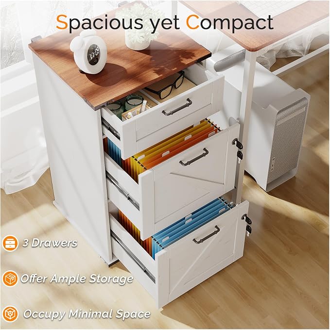 VINGLI 3 Drawer File Cabinet with Lock, Home Office Filing Organizer, for Letter Size File Folder Storage, Modern Farmhouse Style, Wood Vertical Filing Cabinet, Archivador (Rustic White & Brown)